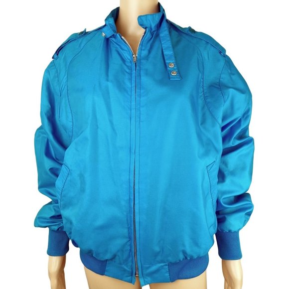 Vintage Racer Jacket Blue Patsy Bee 70s Zip Men Medium Shoulder Strap Neck Snaps - Picture 1 of 7
